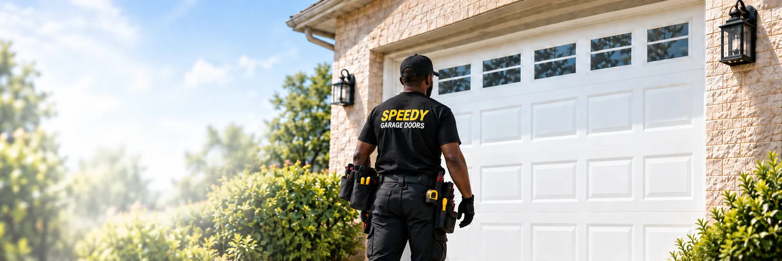 Black Speedy technician approaching a white garage door