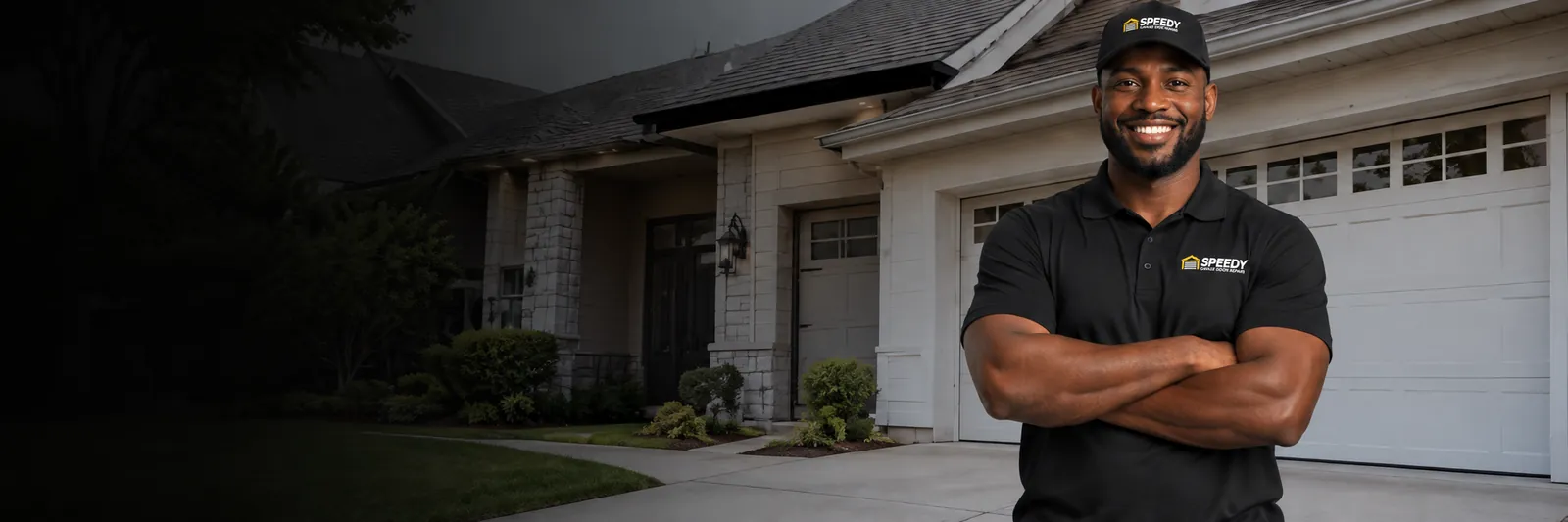 Technician outside a home for garage door repair in Conroe